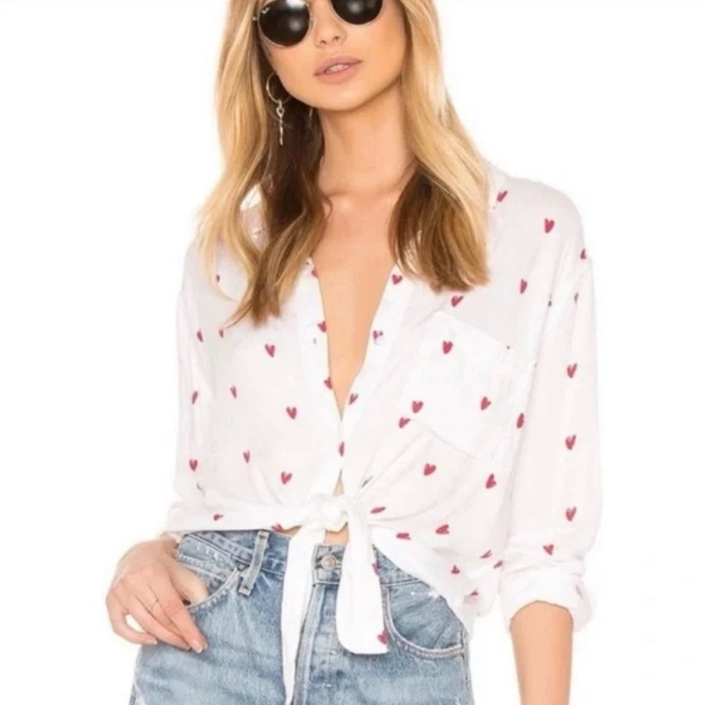 Rails White Heart Print Button Down Shirt Tie Front Size L